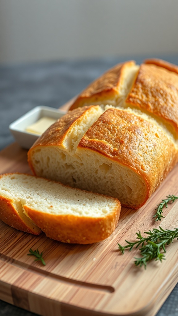 A golden brown loaf of homemade bread sliced on a cutting board with butter and herbs.
